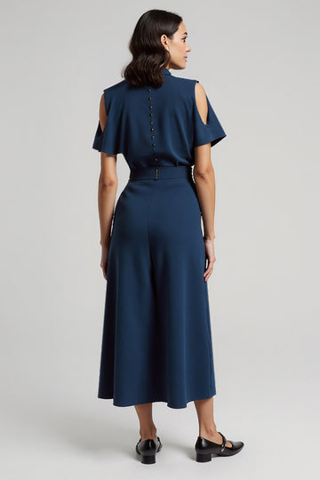 Dark Blue Sheath Ruffled Work Dress